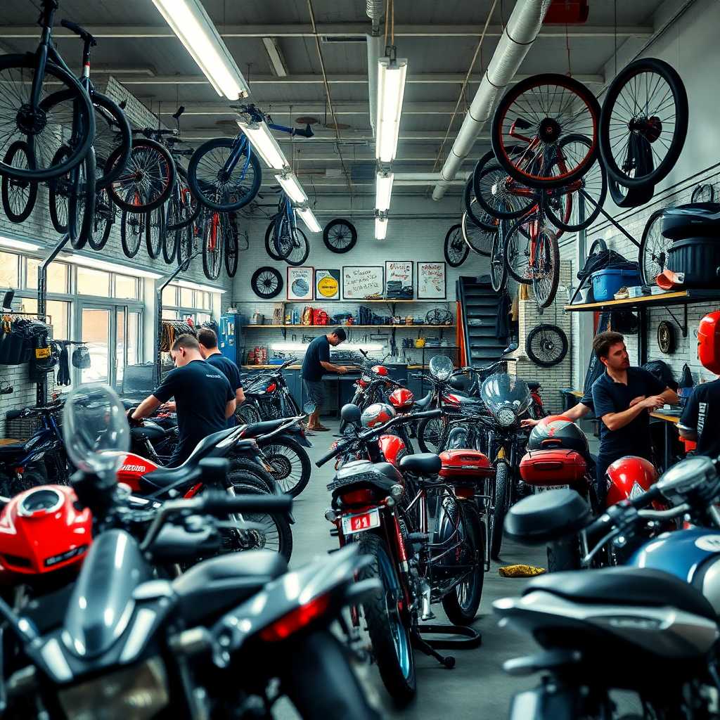A bustling bike repair shop interior, with mechanics working on multiple bikes while texts keep coming in.