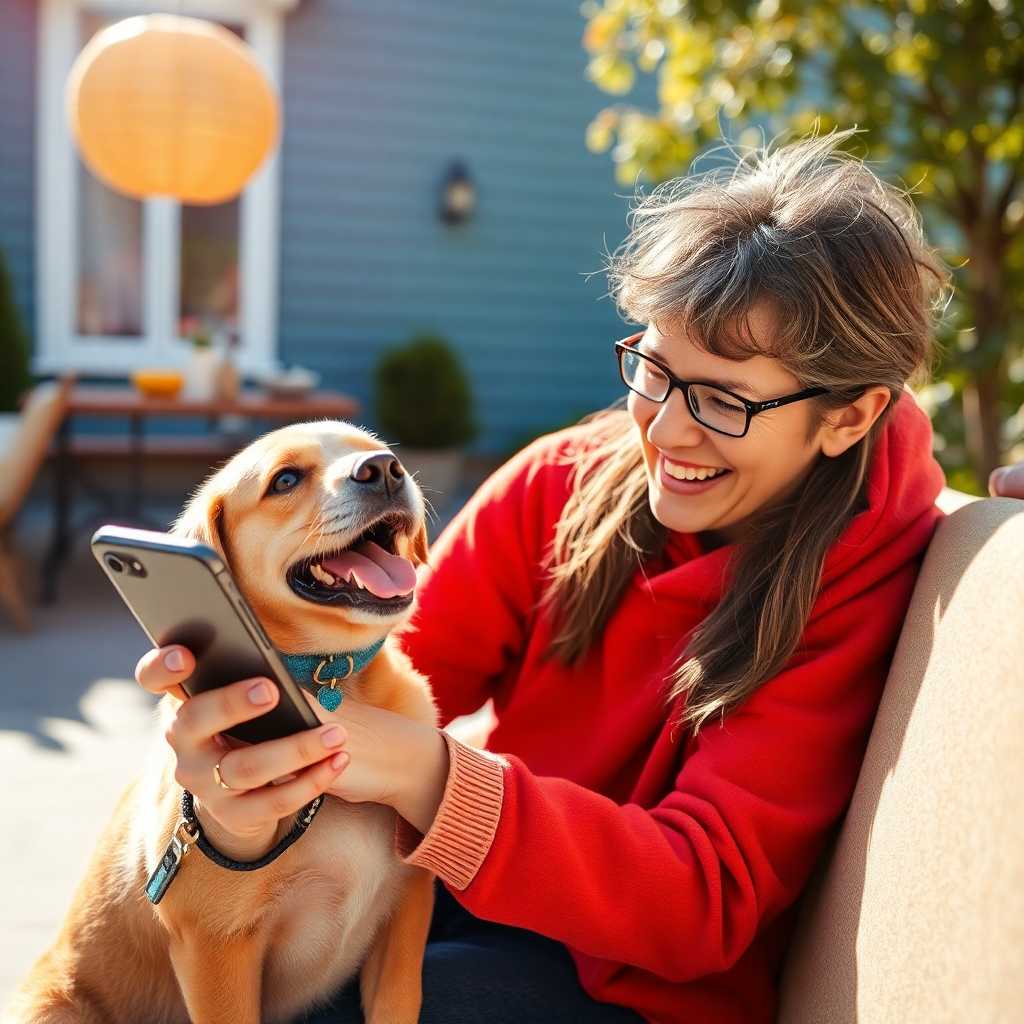Depiction of a happy pet owner receiving a helpful response on their phone