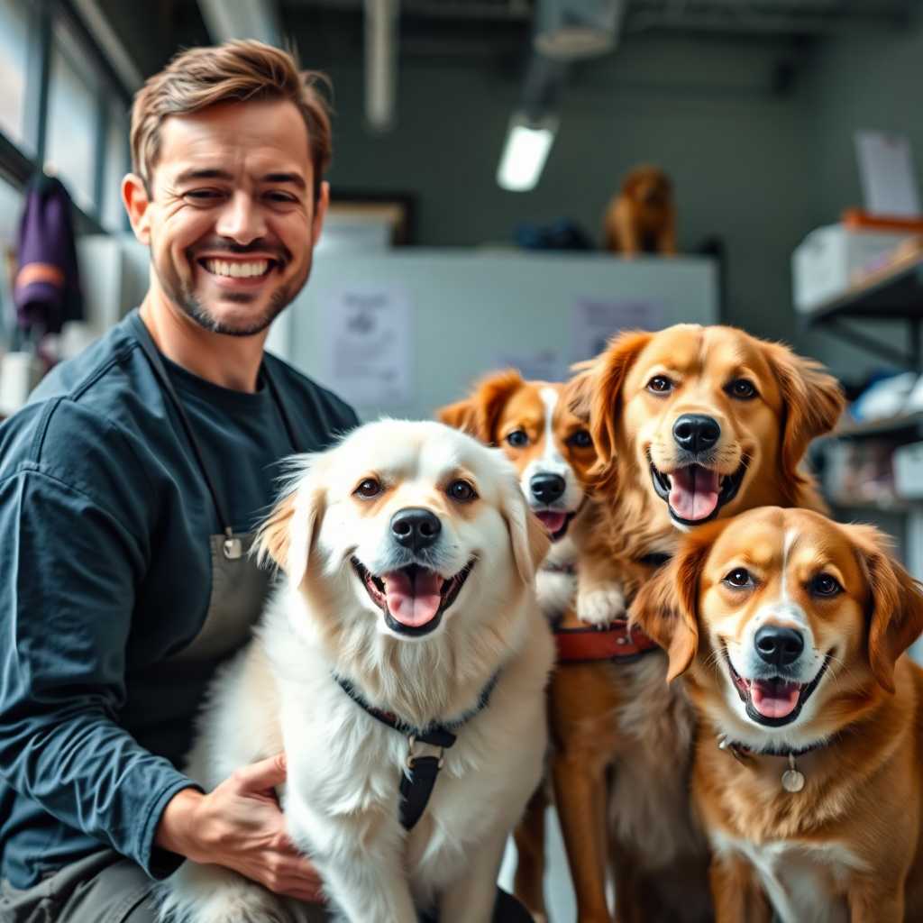 Pet Daycare Owner Smiling with Pets, Representing Satisfaction and Efficiency