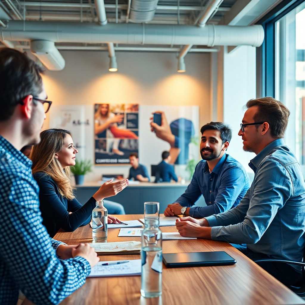 Team meeting discussing client insights.