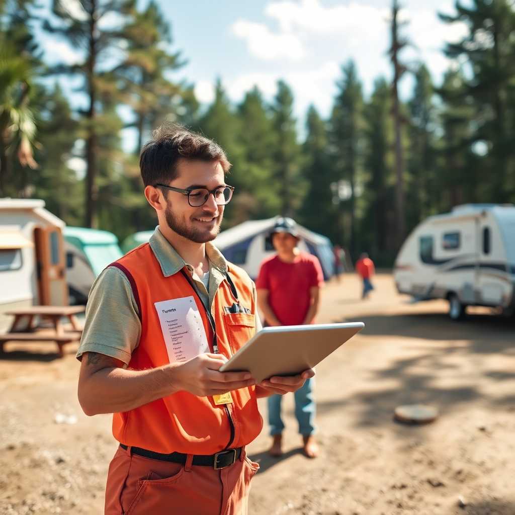 Campground staff checking camping sites with a customer list on a tablet
