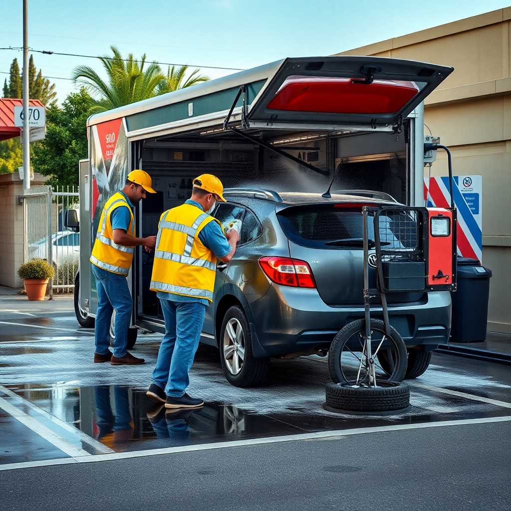 A mobile car wash crew efficiently handling bookings