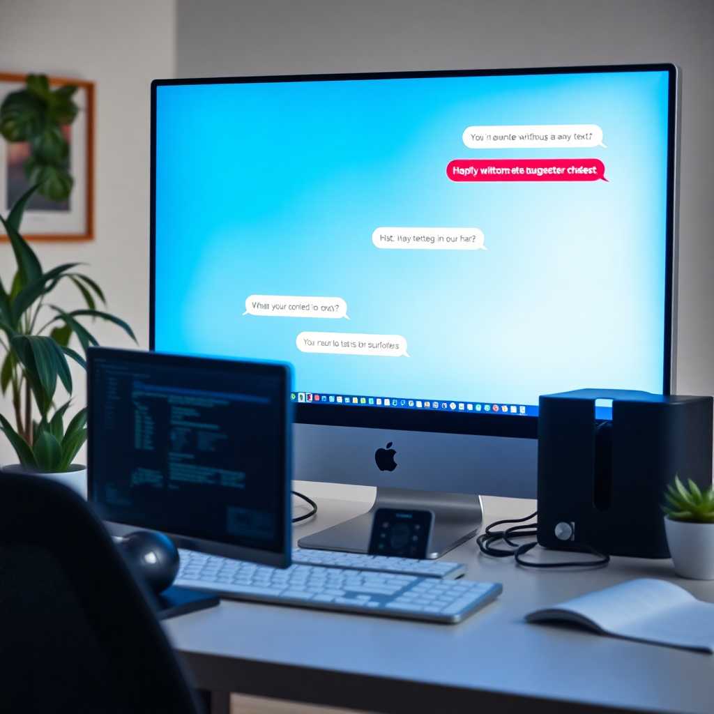 A computer with SMS texts appearing on the screen, the workstation clean and organized