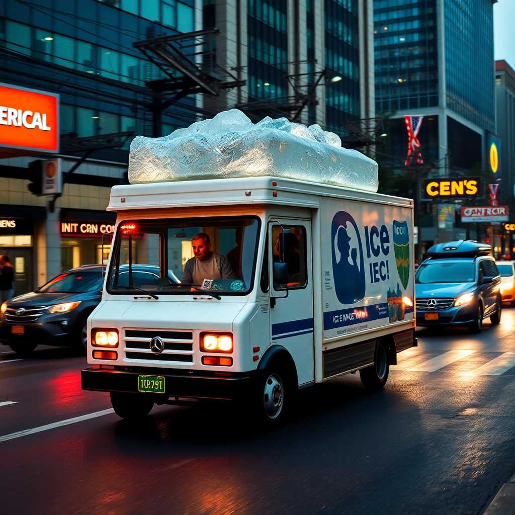 Ice delivery truck navigating busy streets.