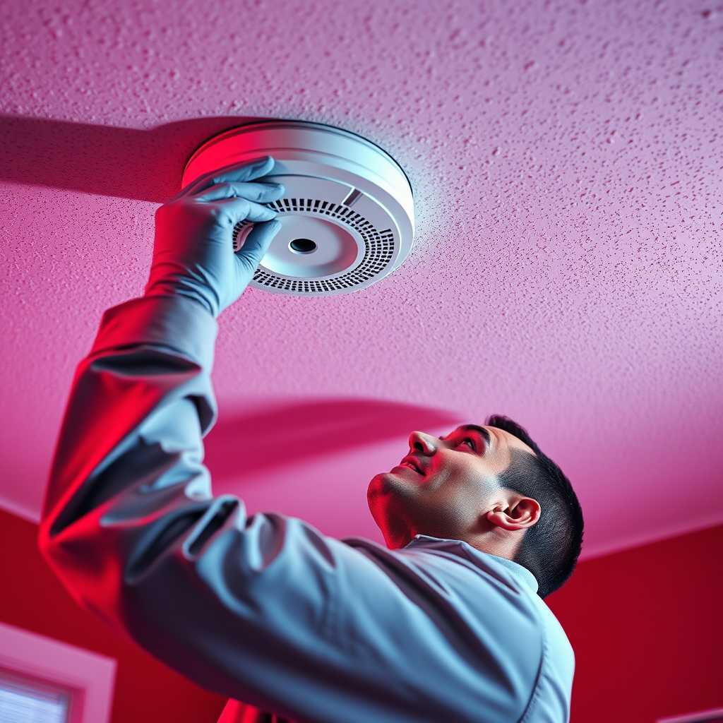 A technician installing a smoke detector on a ceiling