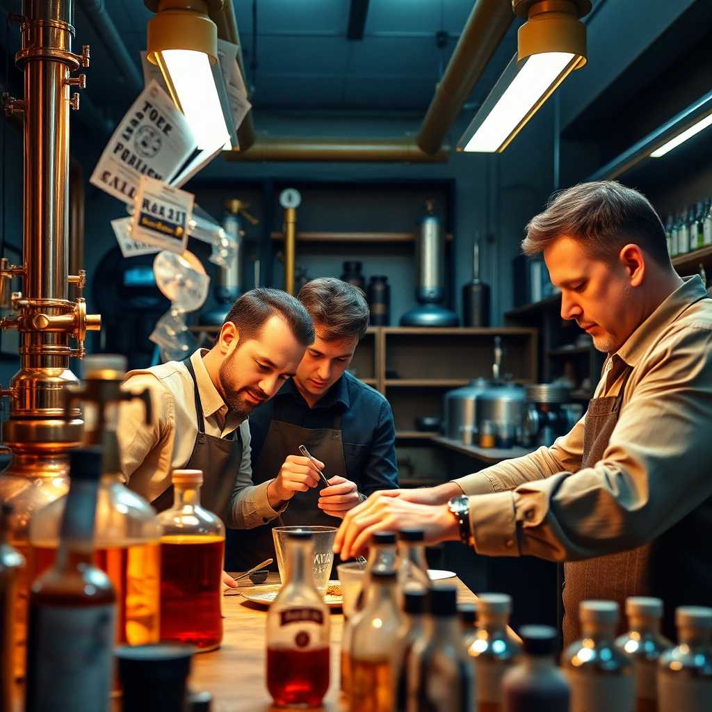 Master distillers at work, showcasing dedicated attention to craft while the office handles itself.