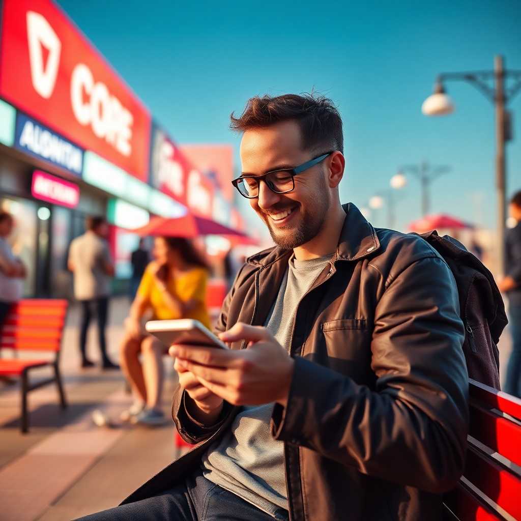 Owner happily texting on a break