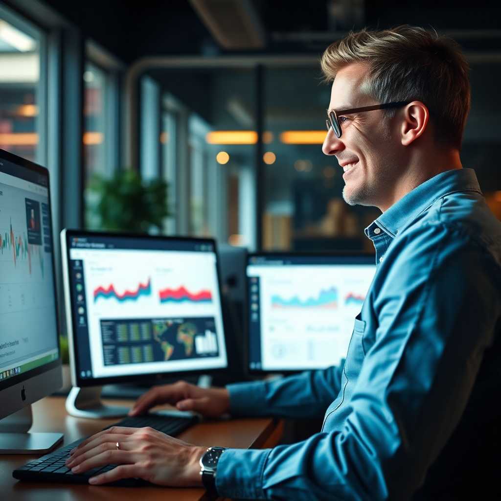 A satisfied business owner reviewing real-time updates via desktop portal