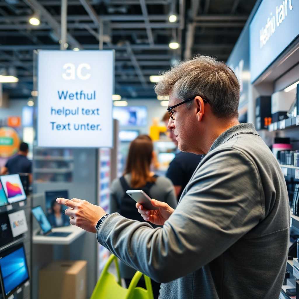 Customer browsing a tech store, intrigued by helpful signage for text support.