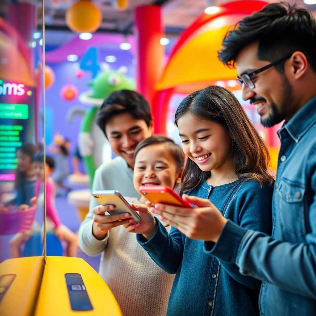 A happy family interacting with the play center’s SMS system on their phones.