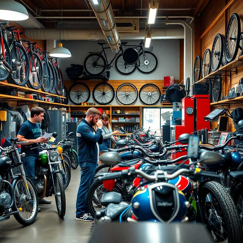 A busy custom bike shop with employees juggling calls and customer service.
