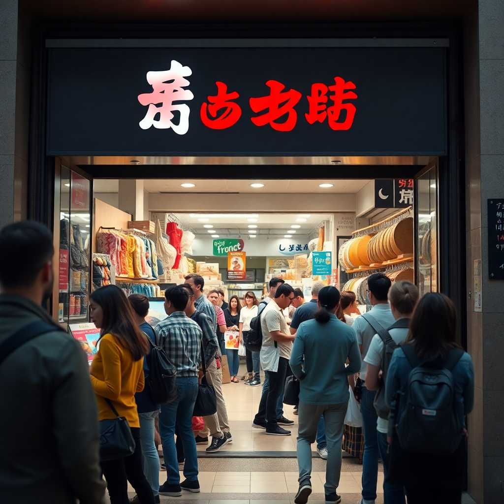 Busy storefront with customers and staff