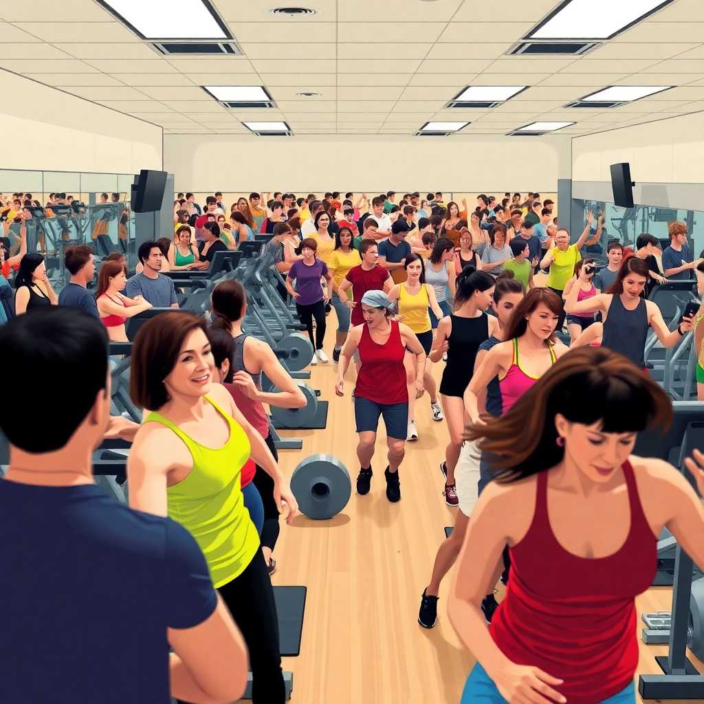 Busy fitness studio, chaos management illustration