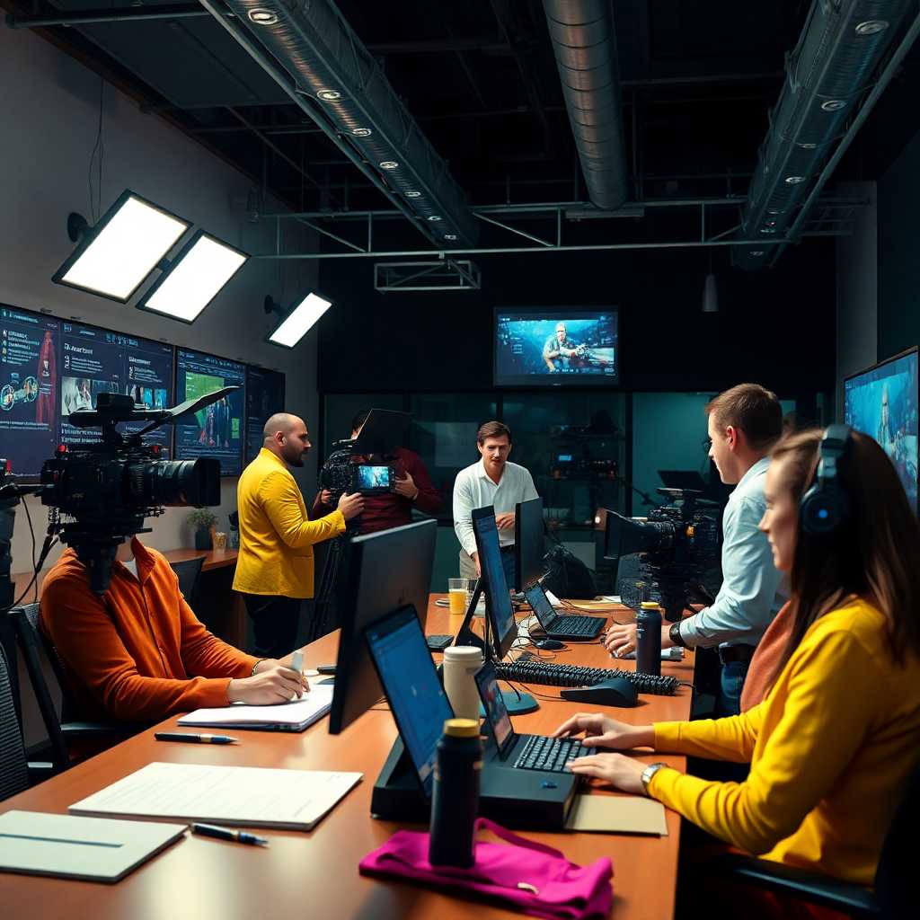 A bustling video production office with multiple team members handling communications