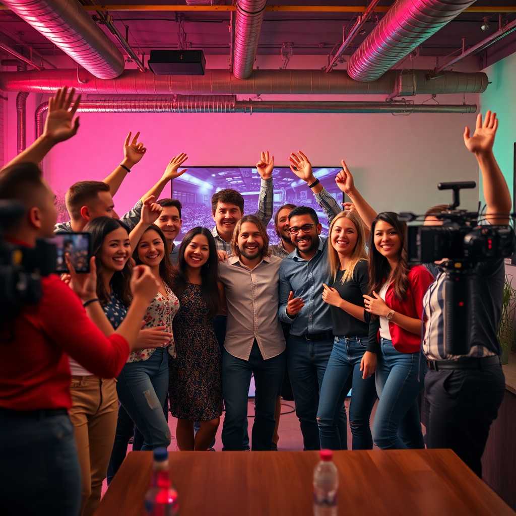 Happy team at a local video production company celebrating successful project completion