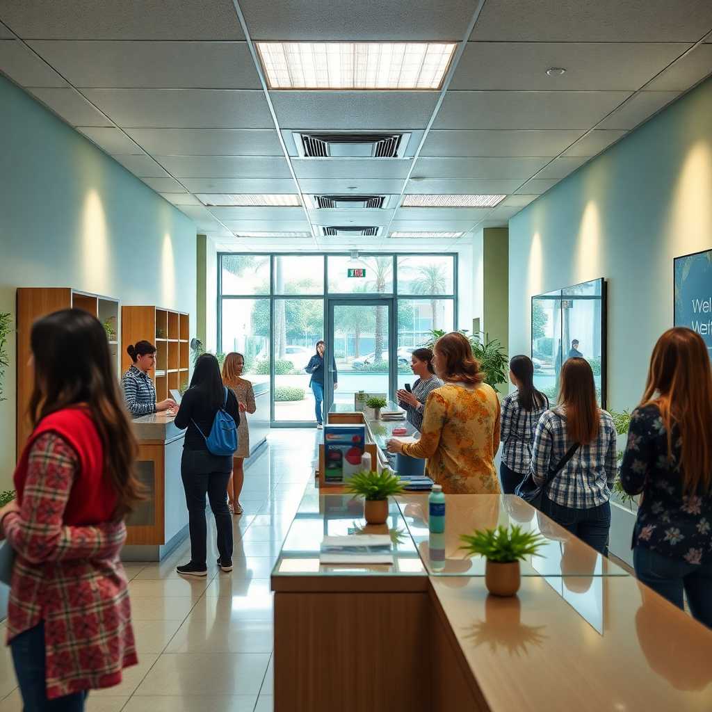 A bustling wellness center reception area with staff handling multiple customer inquiries
