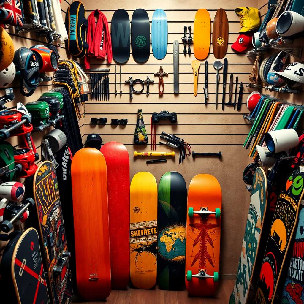 Overhead shot of skateboards and gear arrangement in a shop
