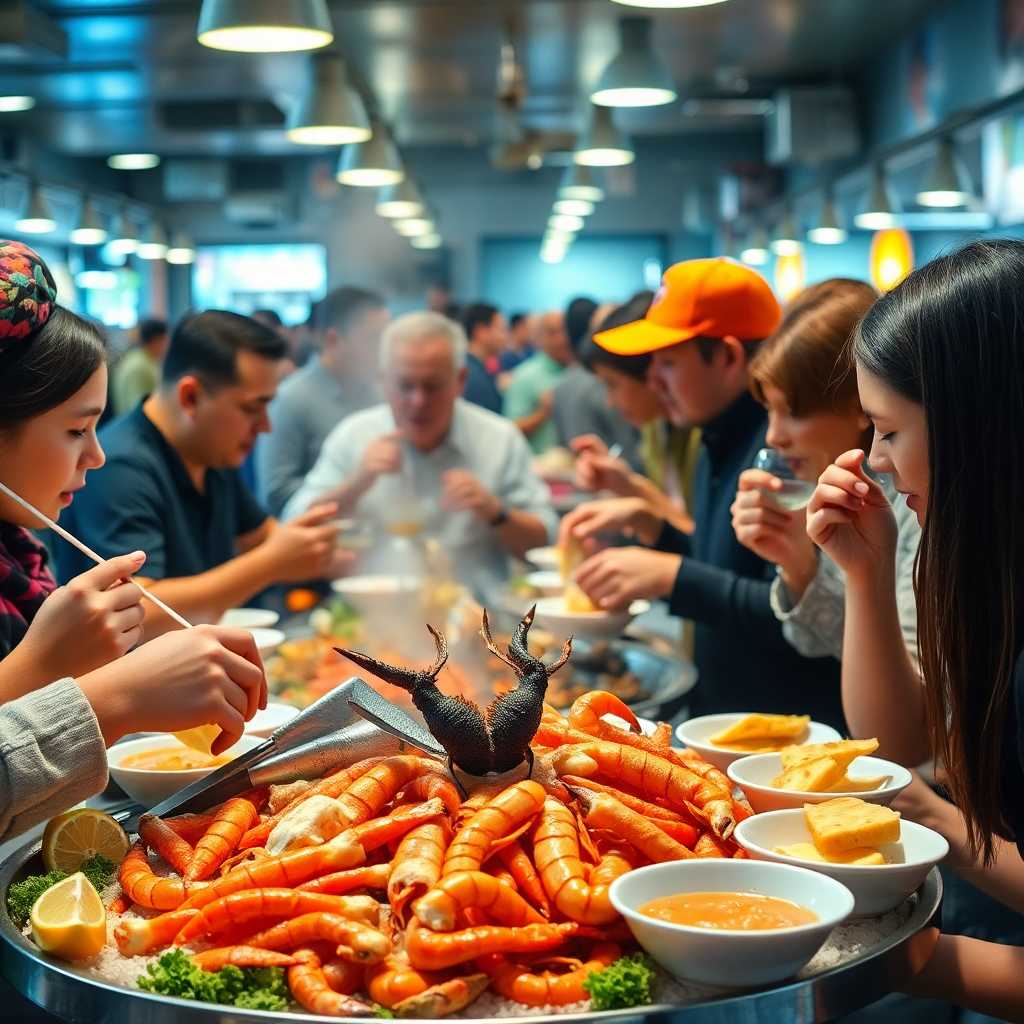 Seafood platter with diverse customers enjoying their meals