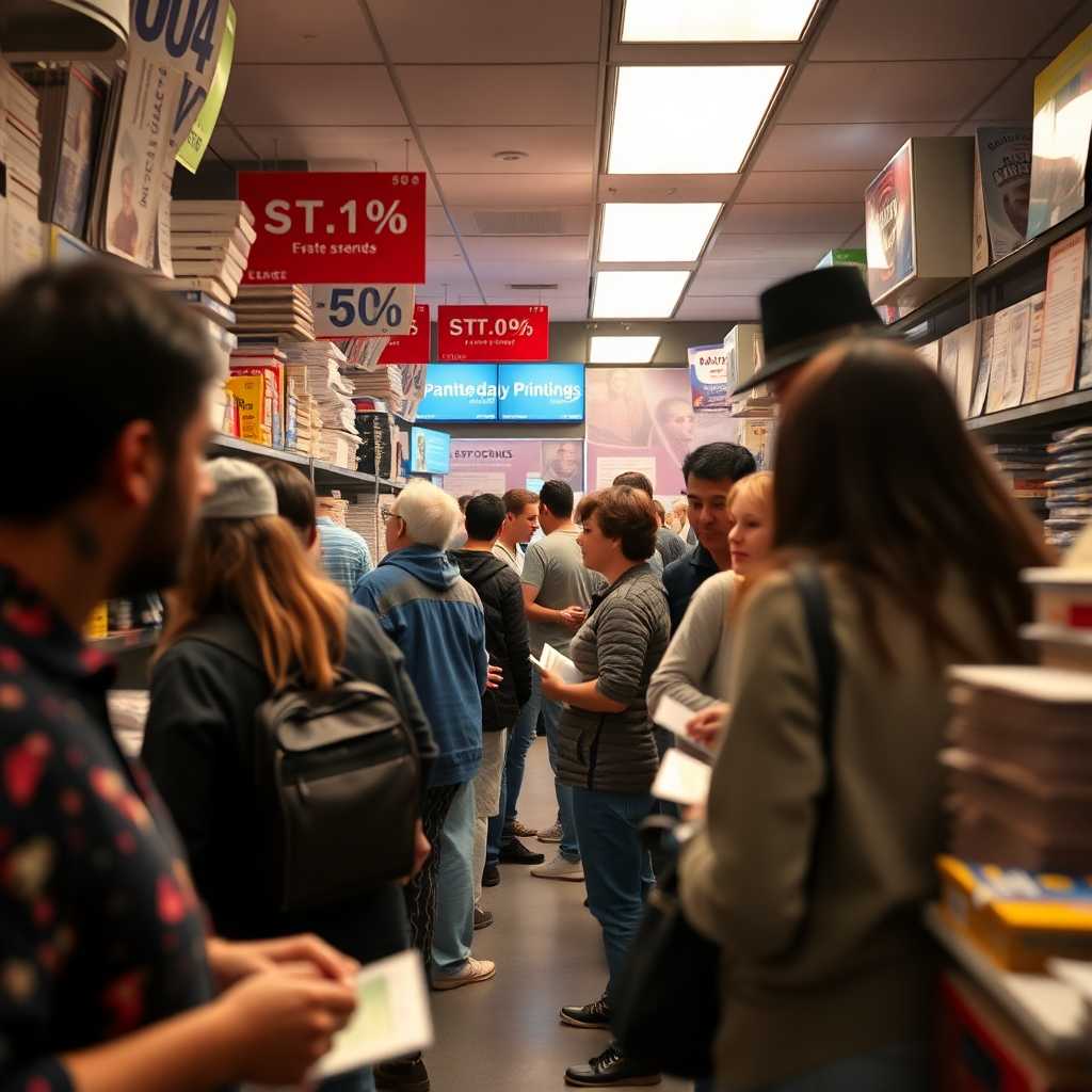 A busy Same-Day Printing Service center inundated with customer requests