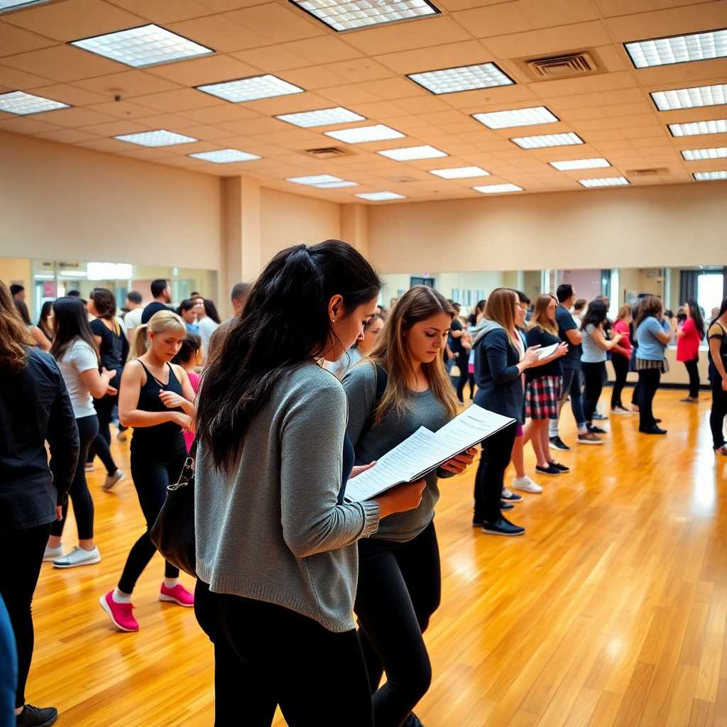 Dance studio bustling with students and parents checking schedules.