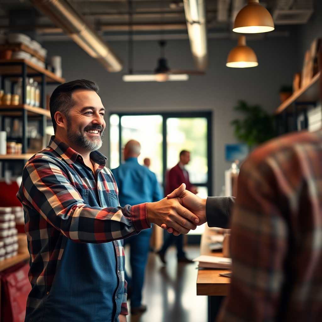 A small business owner shaking hands with a satisfied customer
