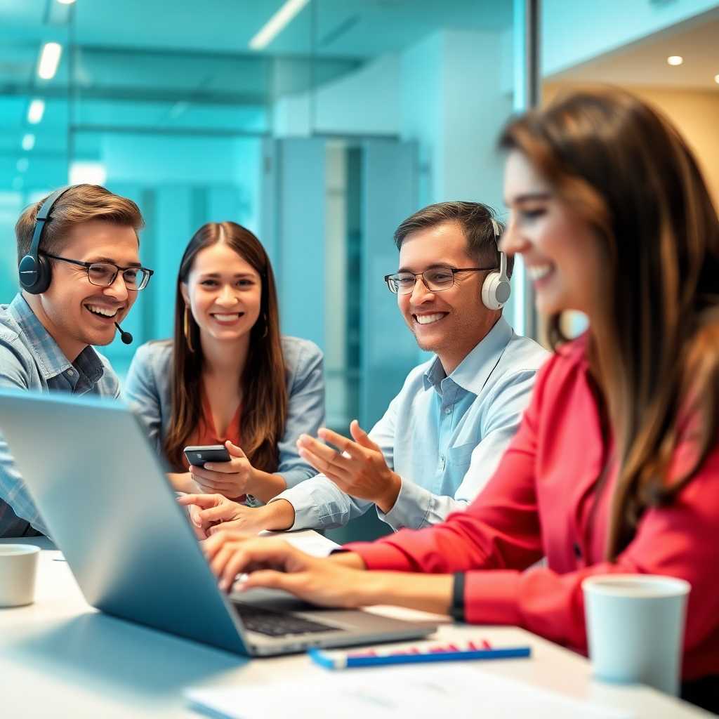 Satisfied clients at a consulting firm engaging over phone and digital channels