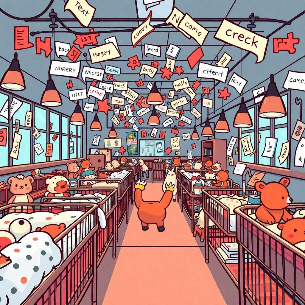 Illustration of a busy nursery with texts rolling in