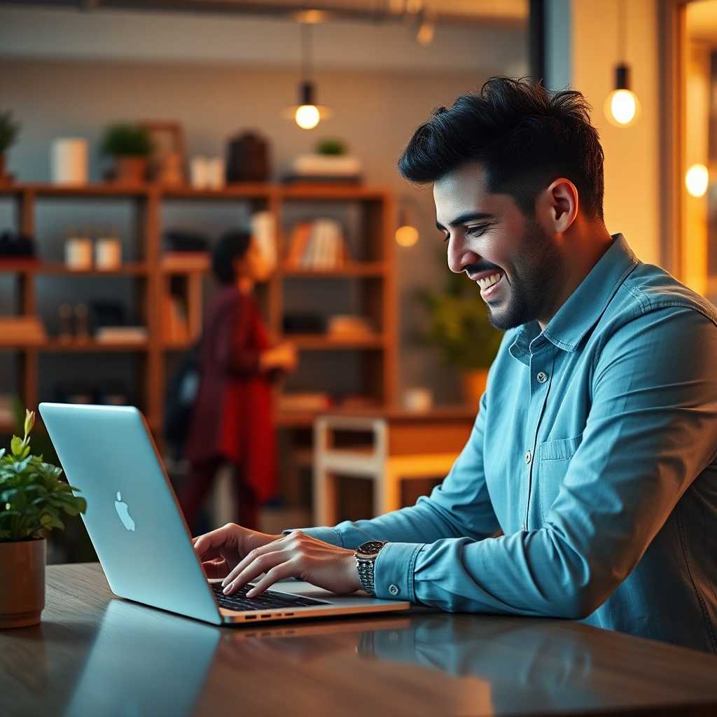 A business owner happily interacting with the SMS portal on a laptop