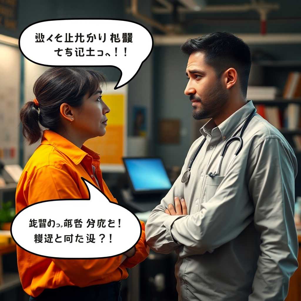 A technician speaking with a customer who appears confused, with a speech bubble containing multi-language text. 