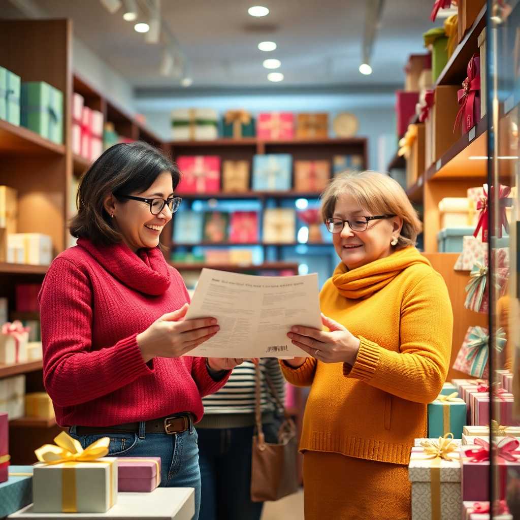 Happy gift shop owners looking at increased sales report