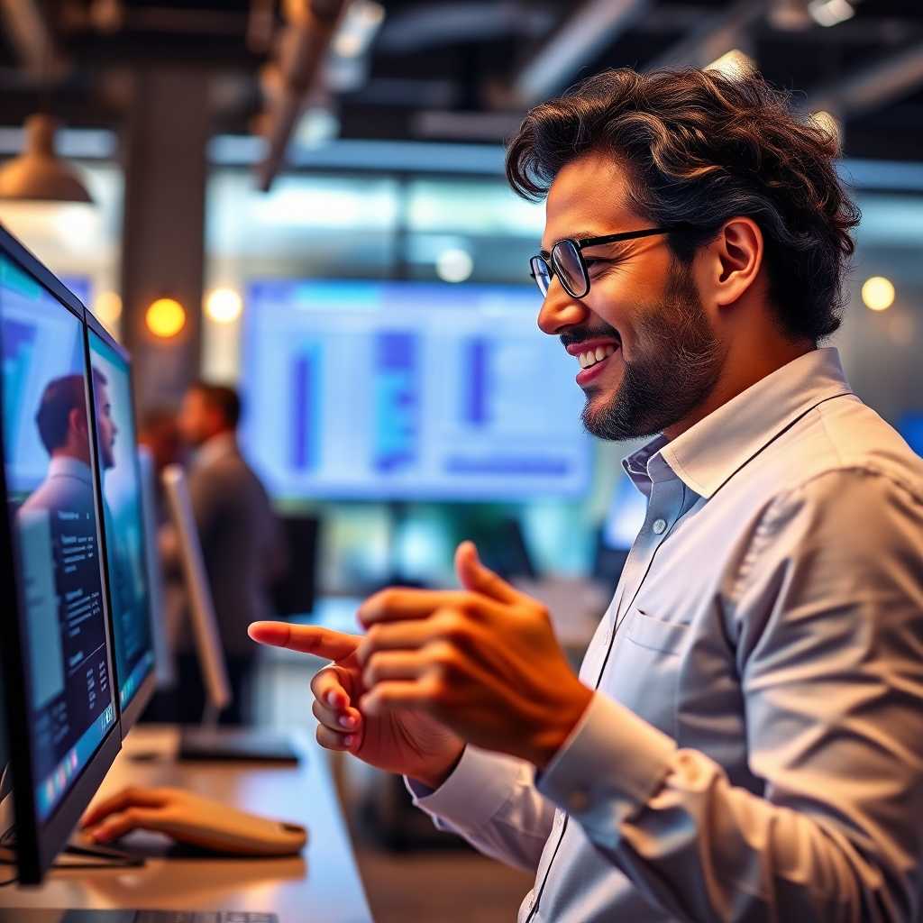 Smiling business owner looking at a simplified interface