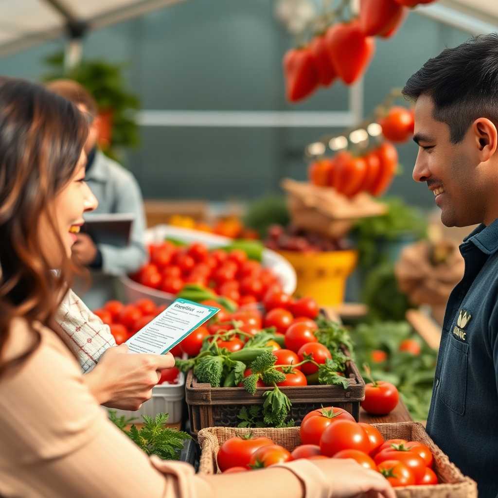 Customer receiving information about organic tomatoes