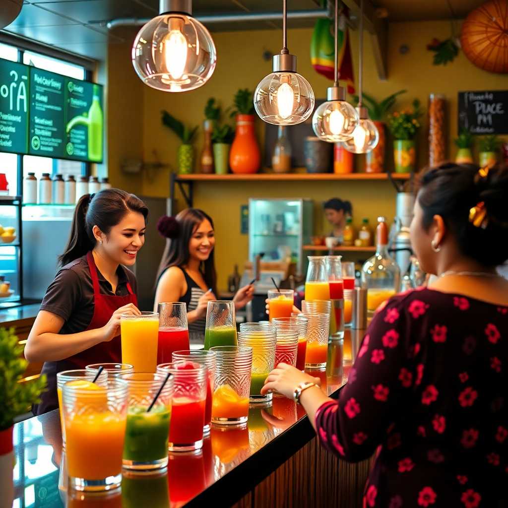 Juice bar staff serving happy customers.