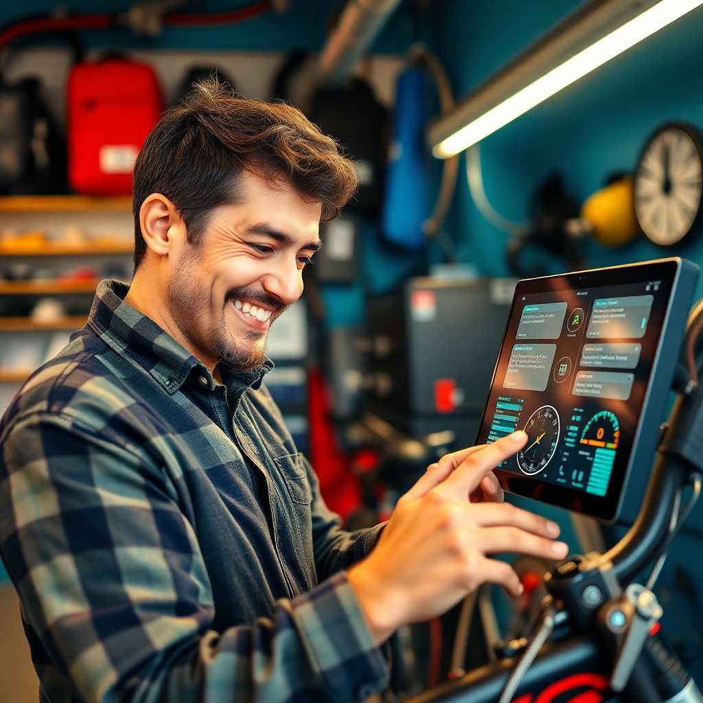 A smiling bike repair shop owner reviewing texts on a digital dashboard.