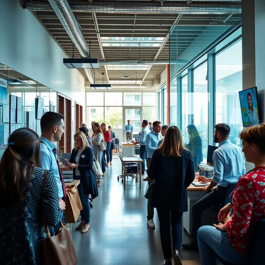 Bustling local office with multiple clients seeking services