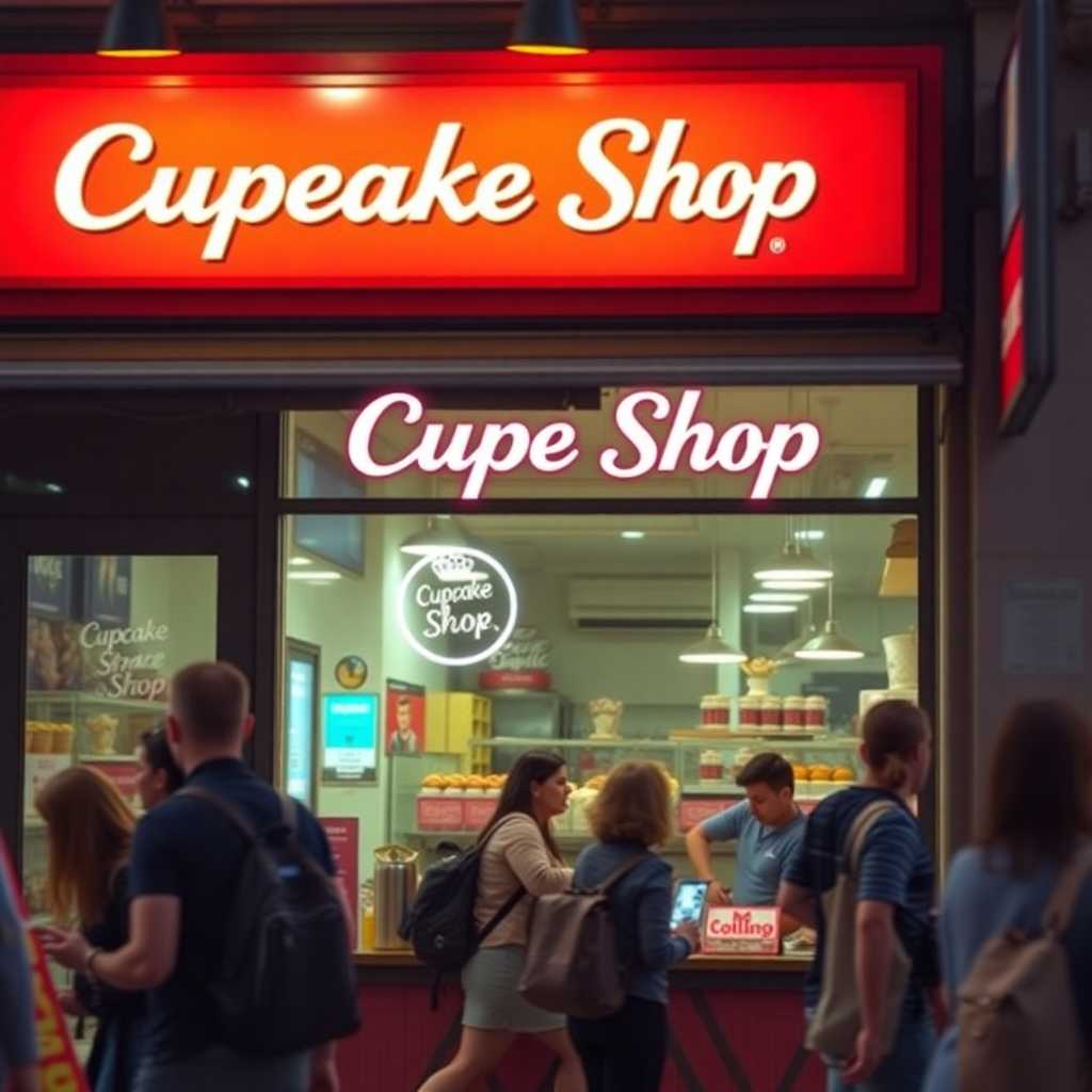 A busy Cupcake Shop storefront during peak hours
