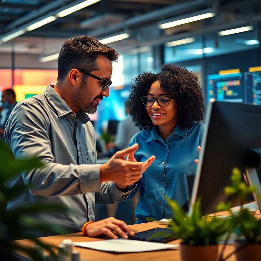 Two colleagues discussing client interactions on a portal
