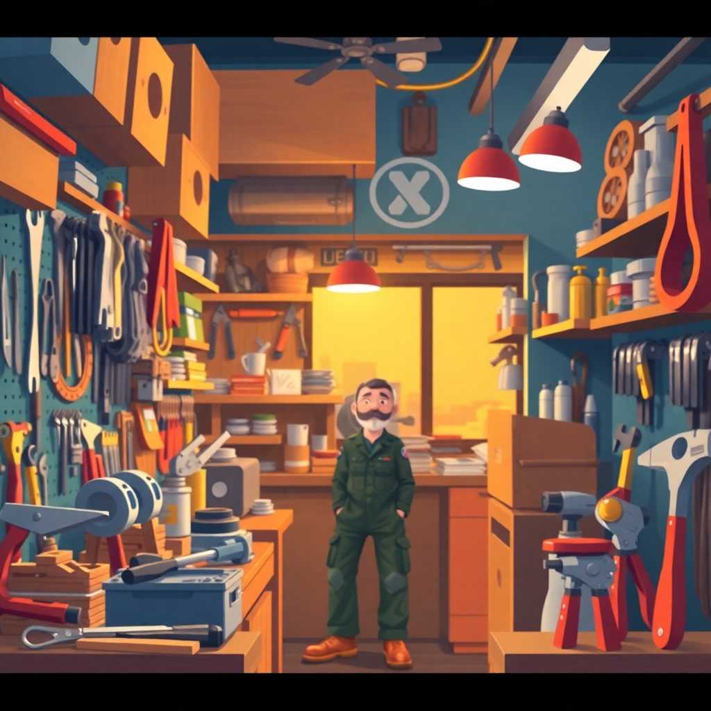 Illustration of a busy handyman shop