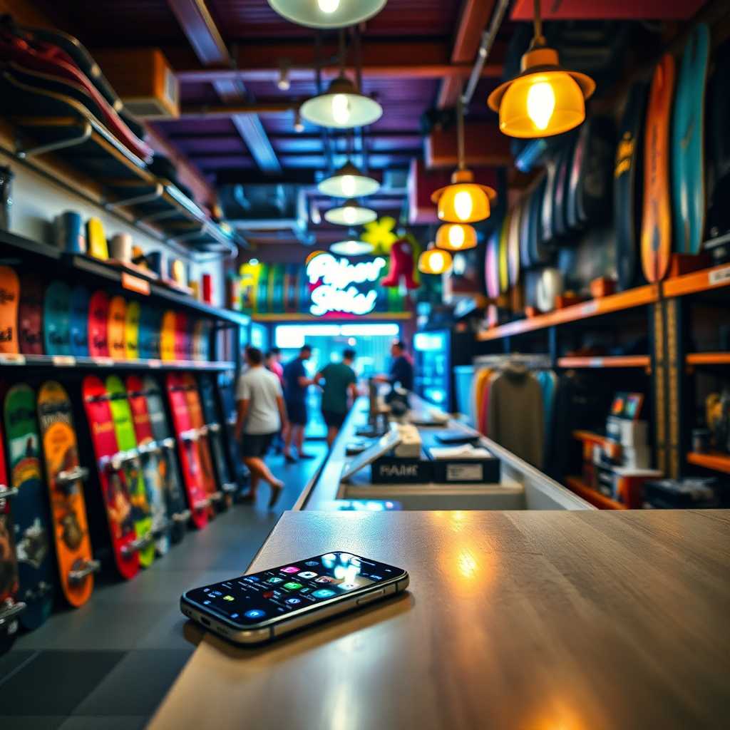 A busy skateboard shop buzzes with activity while a phone on the counter flashes with instant notifications.
