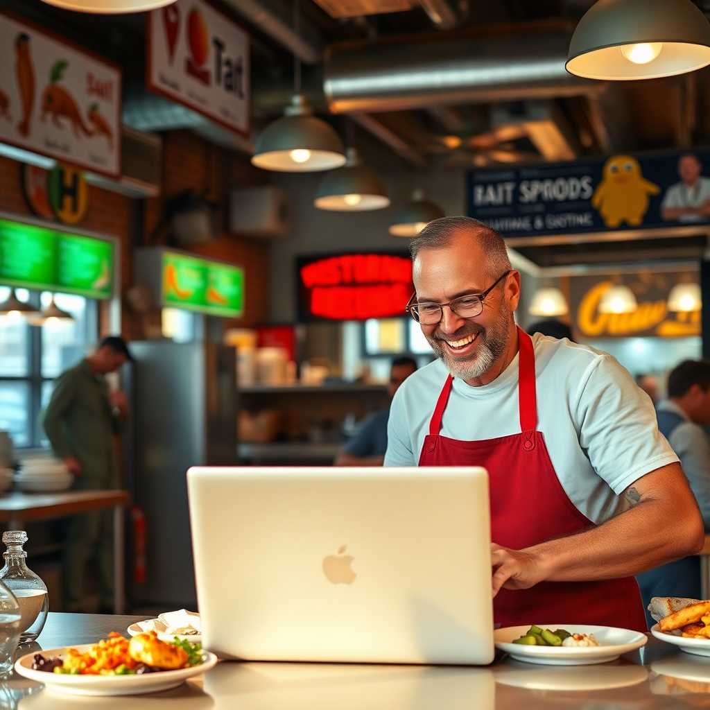 Seafood restaurant owner happily engaging with a laptop