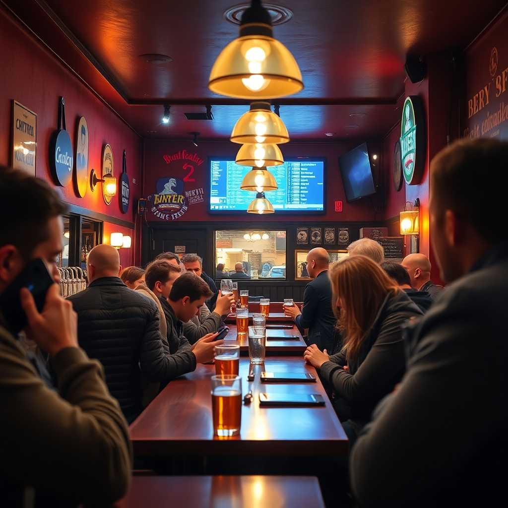 Busy Brewpub with Customers and Phones