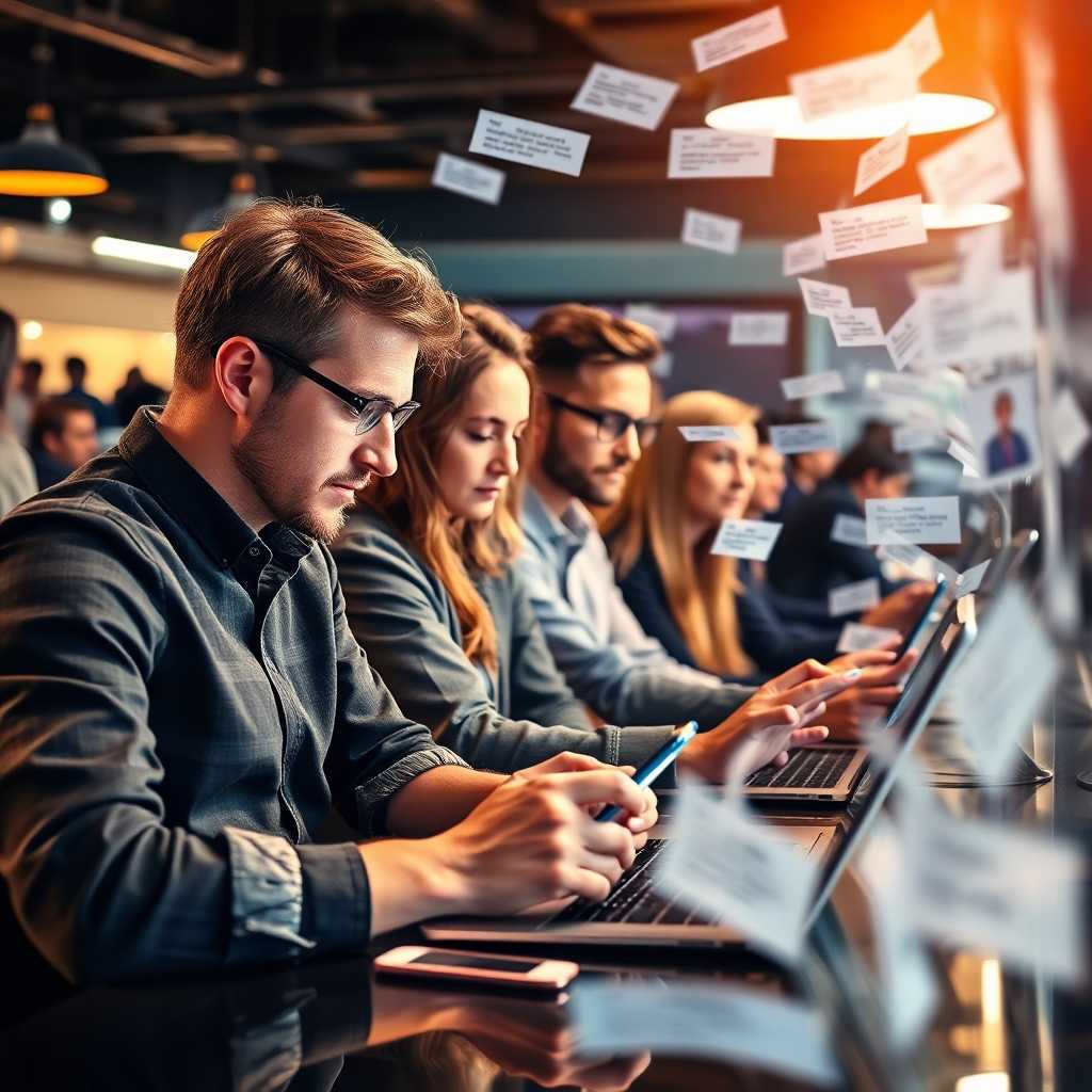 A bustling app development team coordinating amidst a surge of client messages. Engage with us today for seamless communication solutions.