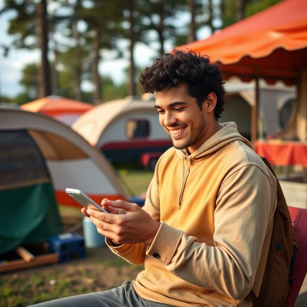 A happy customer messaging on a smartphone in a campground setting.