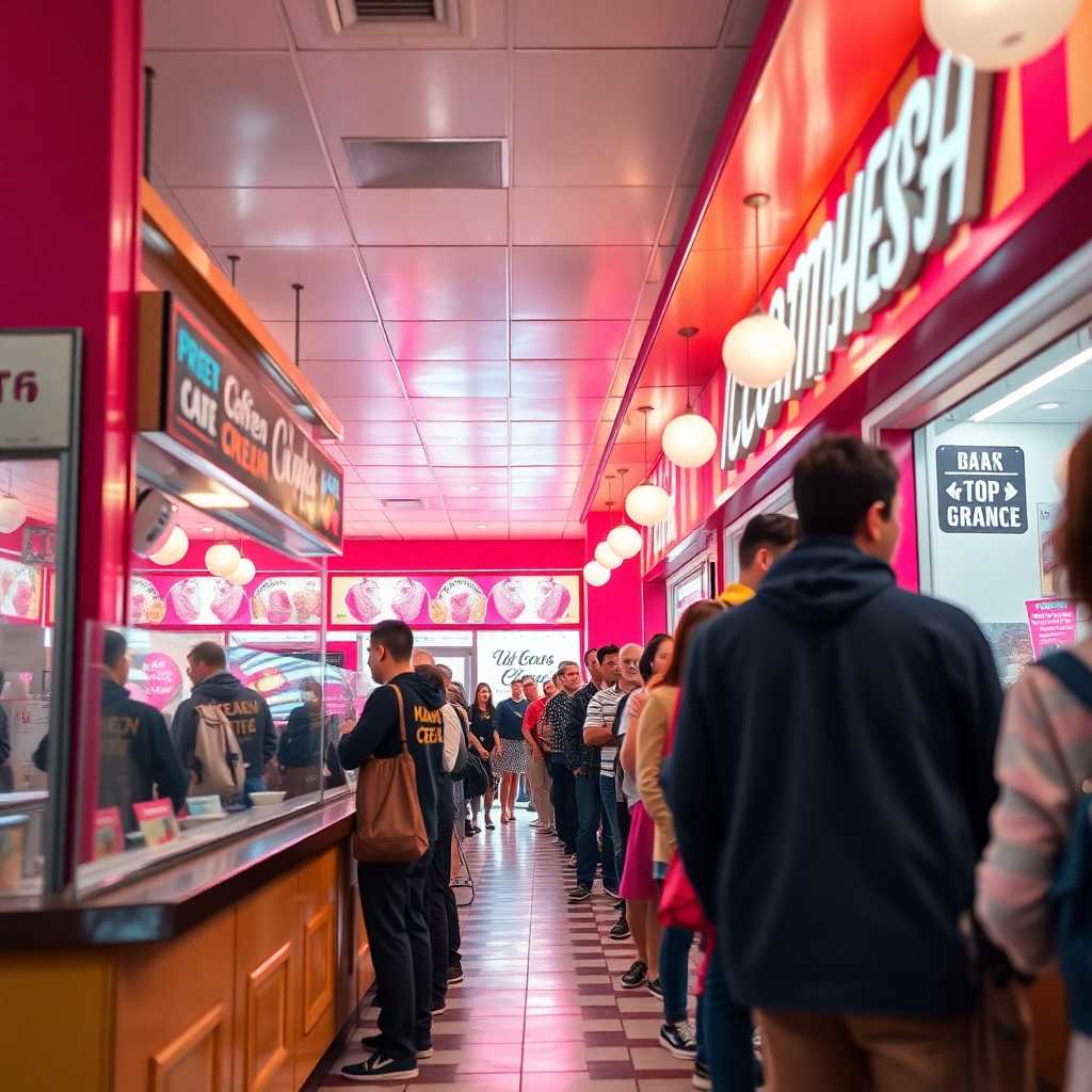 Ice cream shop interior with a busy customer line
