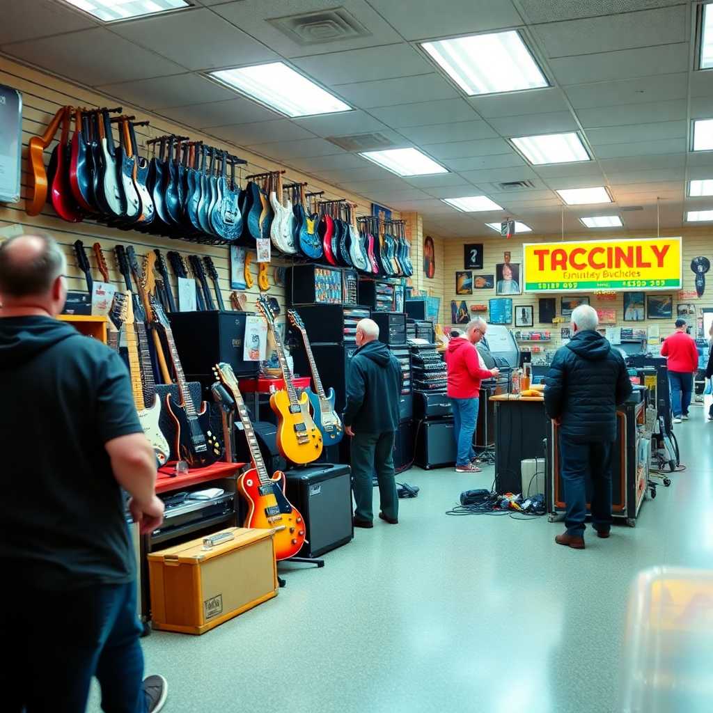 Picture of a busy music equipment rental counter