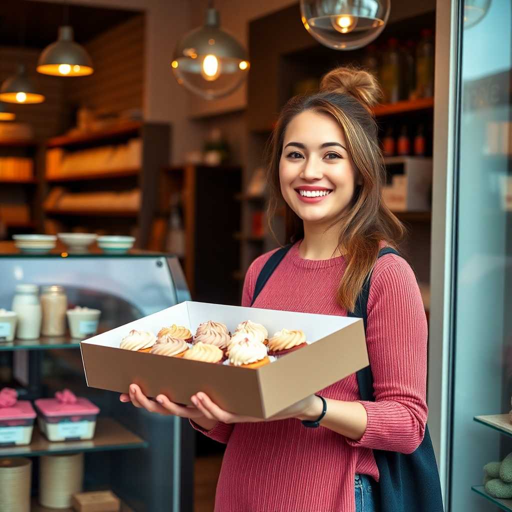 A happy customer holding a box of cupcakes in a stylish shop