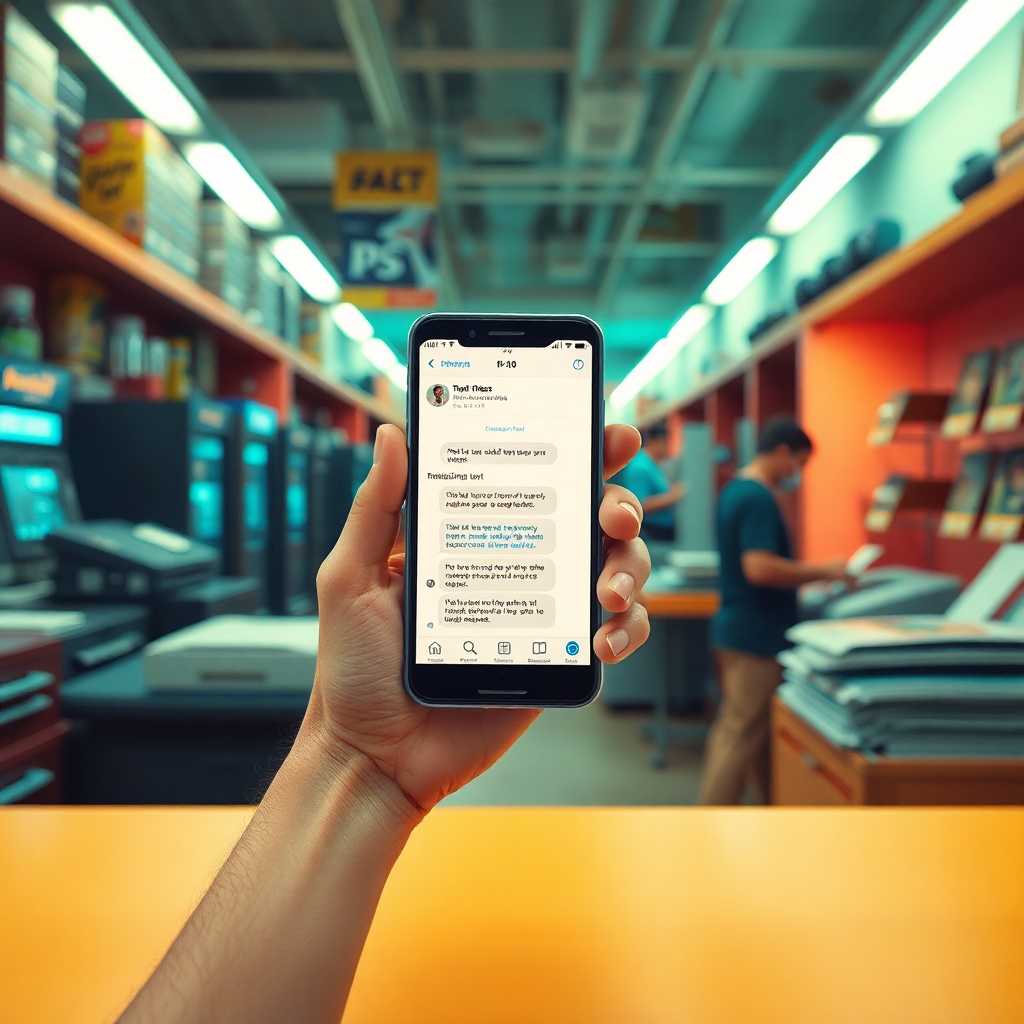 A print shop bustling with incoming text messages on a cellphone