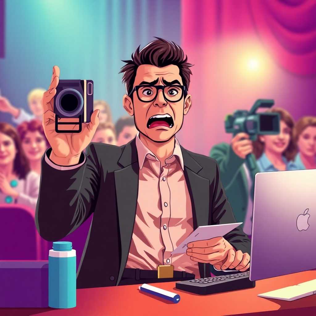 Illustration of frustrated theater manager handling multiple tasks.