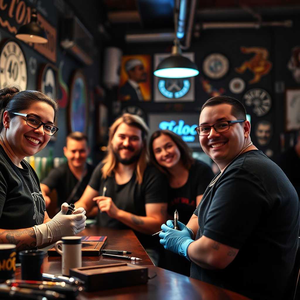 Smiling Tattoo Artists with Happy Customers