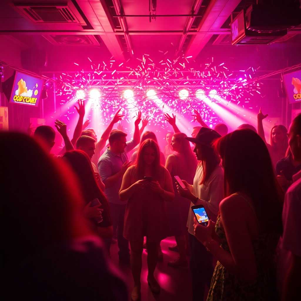 A bustling party scene simulating real-time texting chaos among coordinators